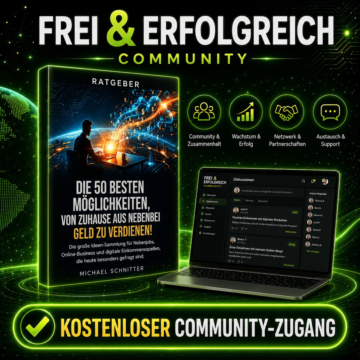 Gratis-Hörbuch: Die 50 besten Möglichkeiten, von zuhause aus nebenbei Geld zu verdienen – Frei & Erfolgreich Community